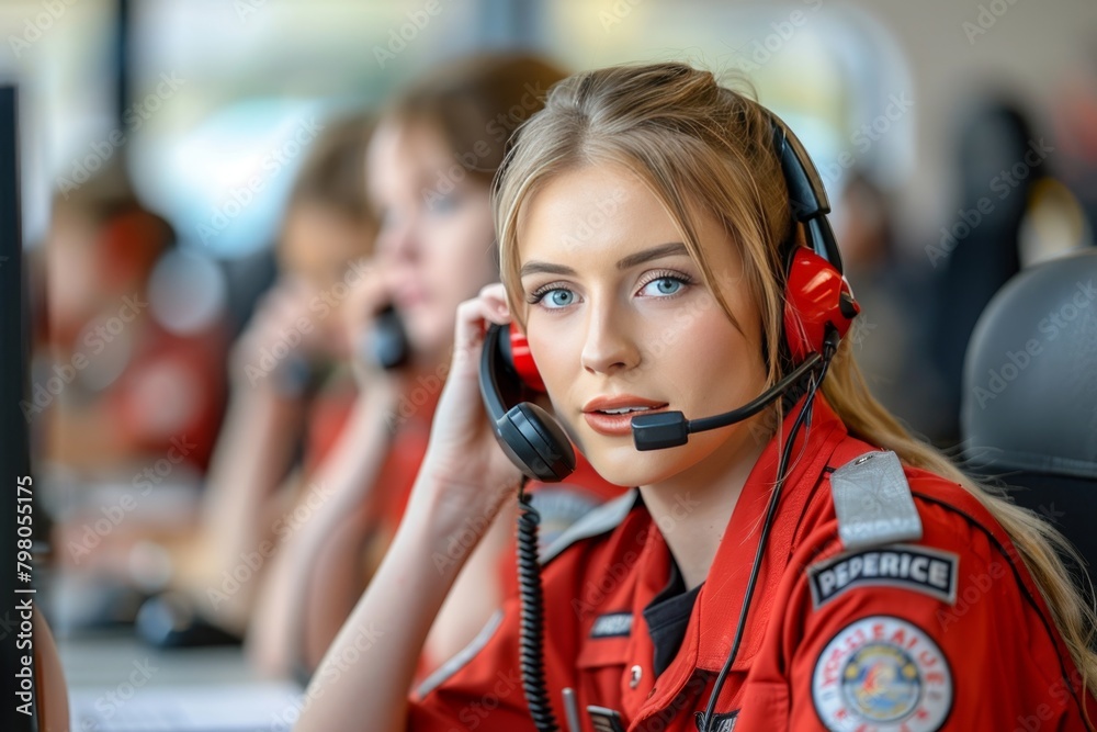 Female 911 service operator handling emergency calls in a bustling ...