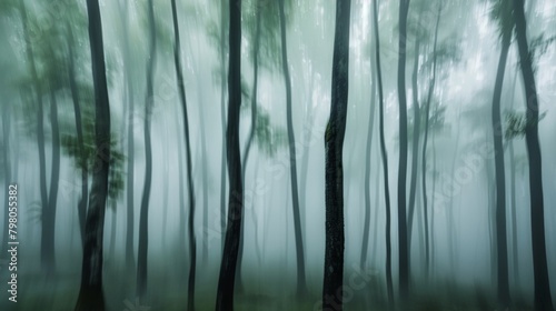 A hushed forest landscape captured in a defocused shot showcasing the beauty of natures whispers. The soft mist weaves through the trees adding an ethereal touch to the peaceful scene. .