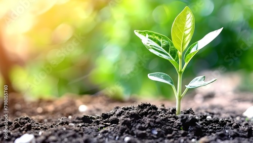 Closeup of green seedling in fertile soil symbolizing ec. Concept Ecology, Nature, Growth, Seedling, Greenery © Ян Заболотний
