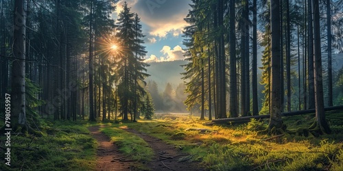 Breathtaking landscape in fir forest in the morning