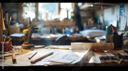 A soft out of focus view of a cluttered work table filled with various tools and plans evokes the intensity and creativity of an architects mind at work. .