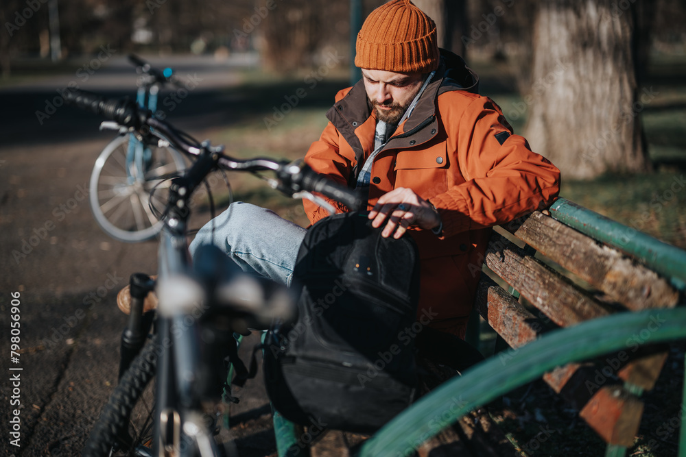 A relaxed outdoor moment captured as a person takes a break on a park bench next to their bicycle, enjoying the sunshine.