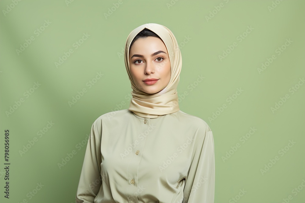 A woman wearing a gold scarf stands in front of a green background A woman wearing a gold scarf stands in front of a green background