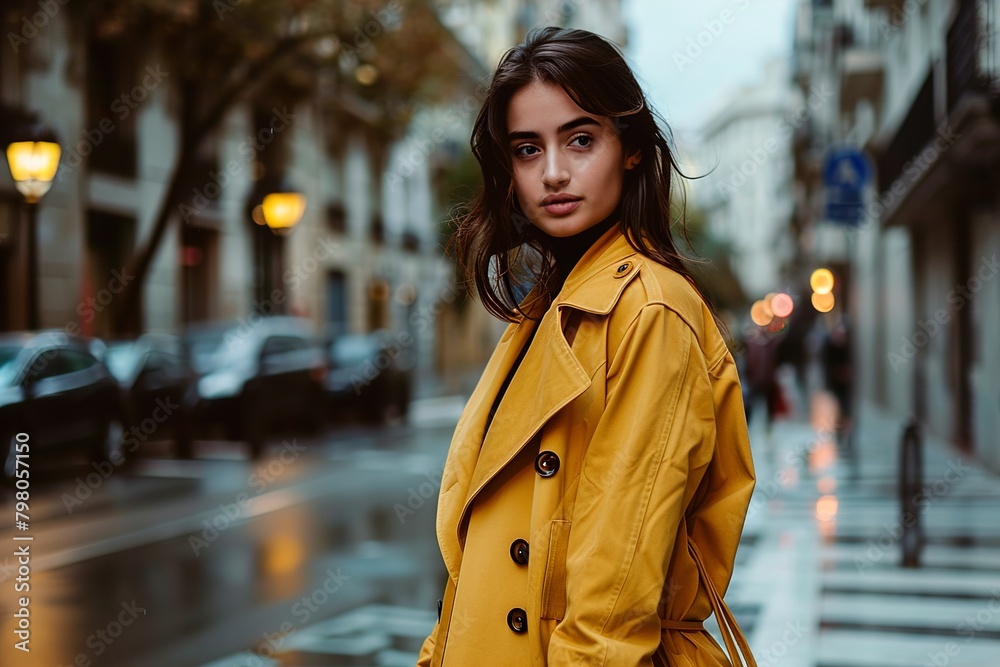 A woman in a yellow coat stands on a wet street