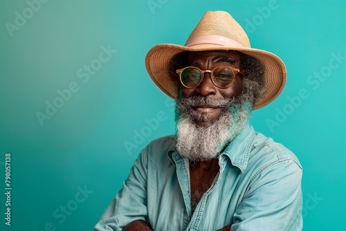 A man with a straw hat and glasses is smiling