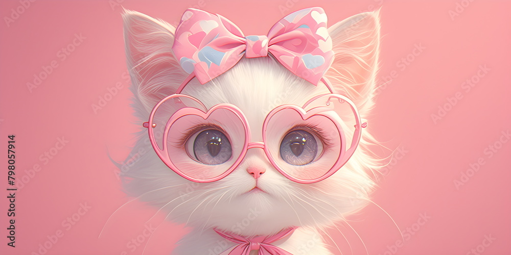 Small white fluffy princess kitten with glasses and a bow on a pink background. Postcard little girl.