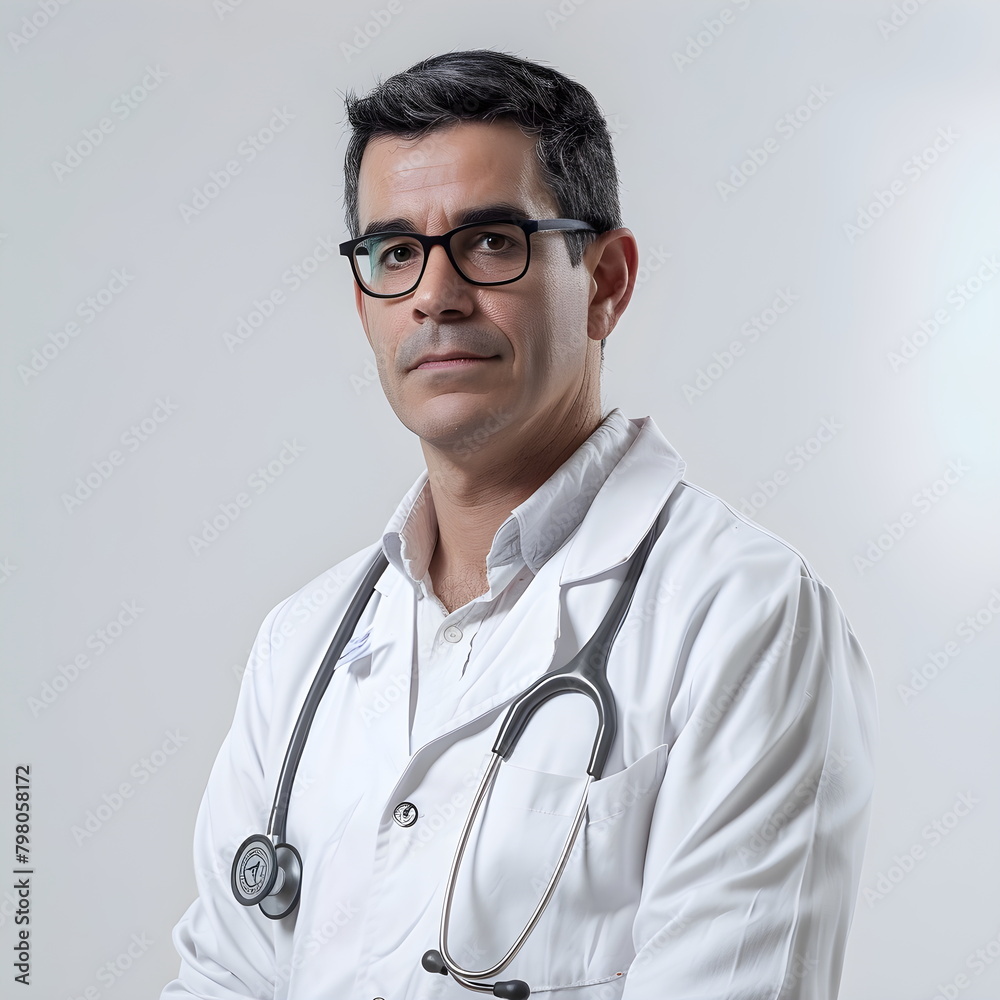 Friendly clinic doctor isolated portrait on white background. A young man in a medical gown. Medicine and healthcare concept Friendly clinic doctor isolated portrait on white background. A young man in a medical gown. Medicine and healthcare concept