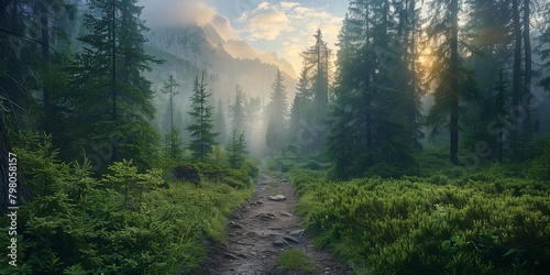 Breathtaking landscape in fir forest in the morning