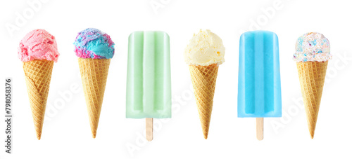 Set of unique summer popsicle and ice cream desserts isolated on a white background. Pastel colors. Strawberry, cotton candy, mint, vanilla, blueberry and birthday cake flavors.