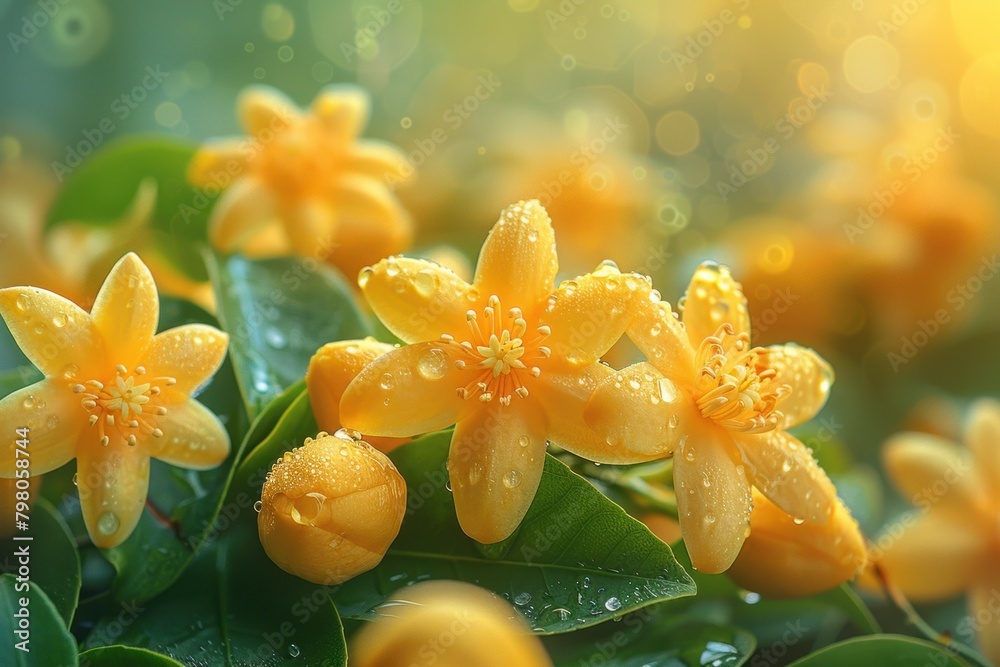 Fototapeta premium Cluster of yellow flowers with water droplets on petals