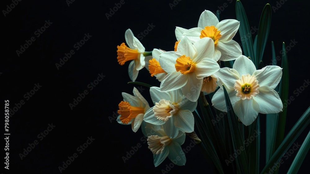 A cluster of bright daffodils illuminated against a deep velvety black backdrop