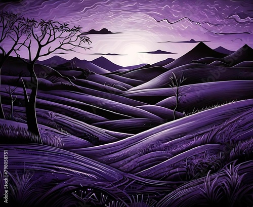 purple coloured hills landscape with tree silhouette and clouds photo