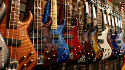 "A series of bass guitars hanging on a wall in a music store, showcasing a variety of colors and styles available to musicians." --ar 16:9 --style raw Job ID: 7168d316-f6ed-4713-a71e-03bc6901a72c