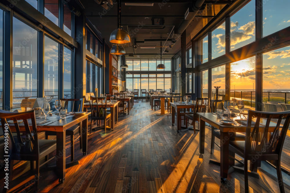 Interior of an empty restaurant with a view. 