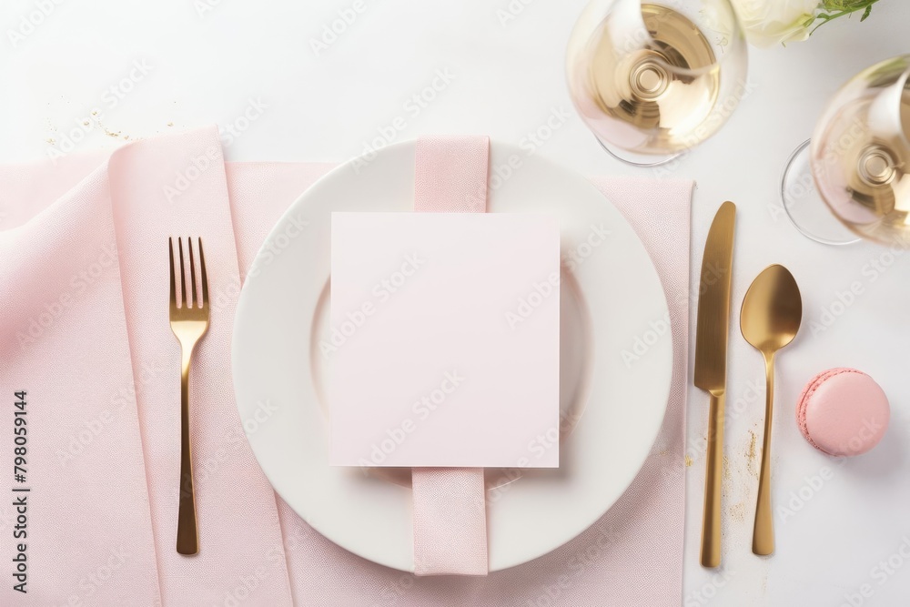 Fine dining table setting with gold and pink accents Fine dining table setting with gold and pink accents