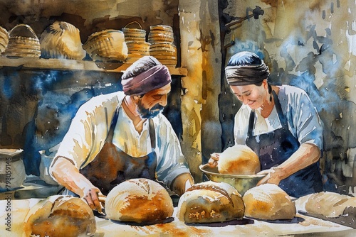 Two men working together to make bread in a cozy kitchen. Perfect for food and cooking related projects