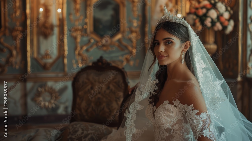 Elegant Latin American bride wearing wedding dress in luxury classical style interior. AI Generated Elegant Latin American bride wearing wedding dress in luxury classical style interior. AI Generated