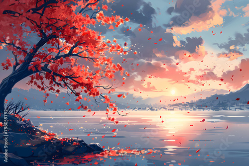 sunset over the lake with blooming tree