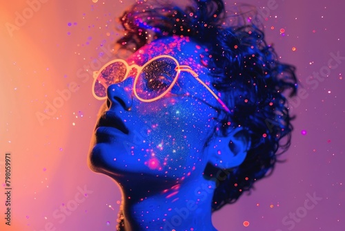 A woman with glasses illuminated by neon glow. Suitable for technology and innovation concepts