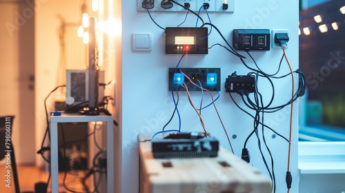 An educational image with electrical wires connected to various household appliances, demonstrating how power is distributed at home.