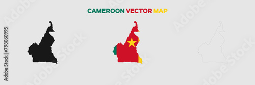 Cameroon Map Vector Pack. Map with Flag. Gray Map Silhouette. Gray Outline Map. Editable EPS file.
