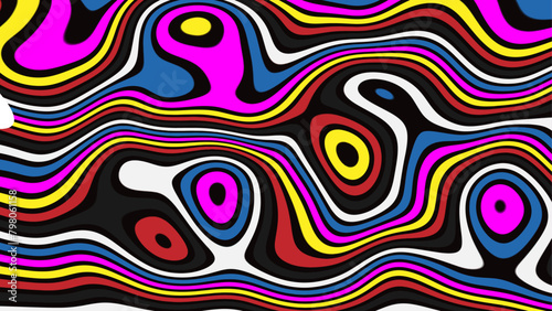 Groovy psychedelic background, liquefy lines effect, wavy colored curved lines.
