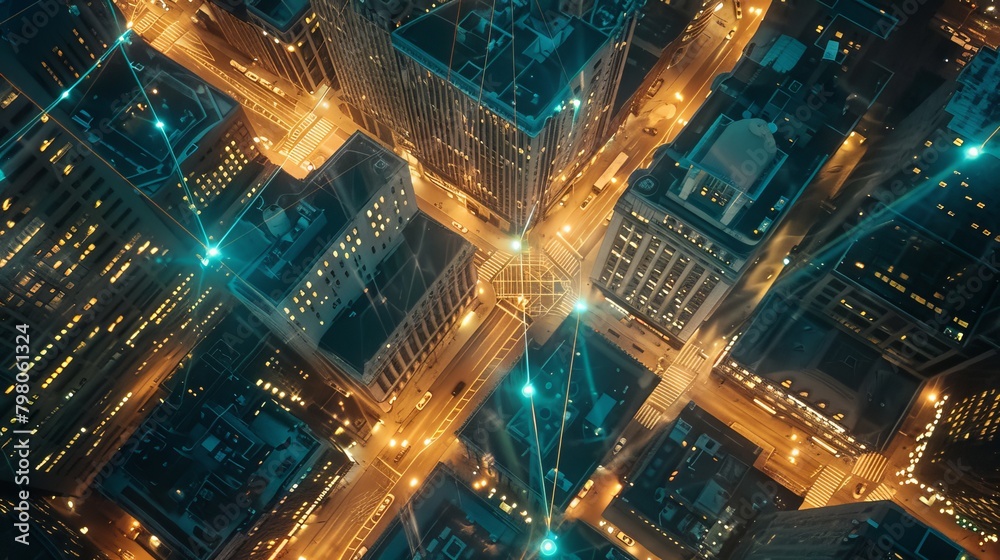 An overhead view of a city at night, focusing on the network of electrical wires crisscrossing above the streets, lit by the urban glow.