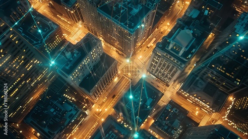 An overhead view of a city at night, focusing on the network of electrical wires crisscrossing above the streets, lit by the urban glow. photo