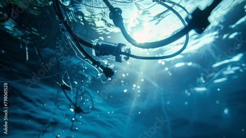 An underwater scene showing waterproof electrical wires connecting marine equipment  emphasizing the special adaptations for such environments.