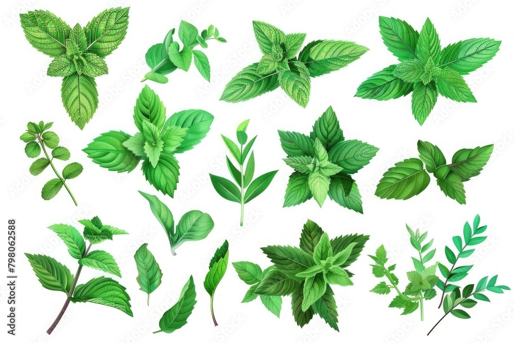 Fresh green leaves on a clean white background. Perfect for use in botanical designs Fresh green leaves on a clean white background. Perfect for use in botanical designs