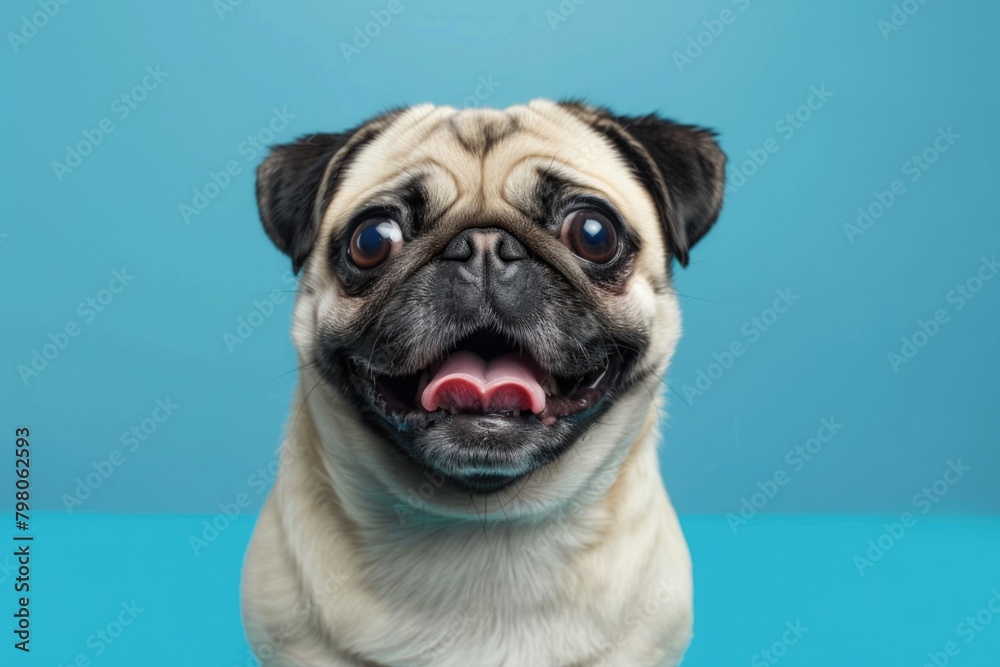 Cute pug dog sitting on top of a blue surface, suitable for pet-related designs