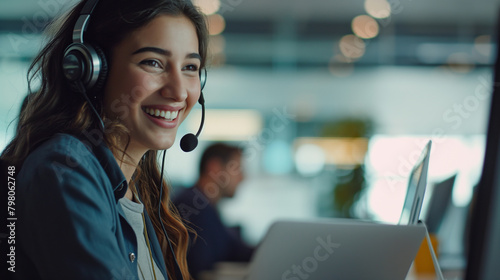 the hum of ringing phones, a cheerful call center agent leans over their desk, engrossed in conversation with a client photo
