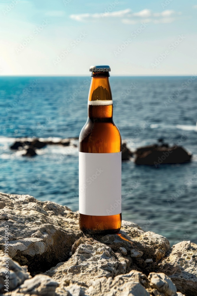 Serene Beachside With Single Beer Bottle on Rocky Shore Serene Beachside With Single Beer Bottle on Rocky Shore