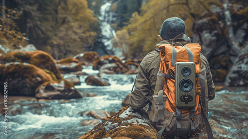 Adventure Speaker An adventurous scene featuring a rugged portable speaker attached to a backpack  ready to accompany outdoor enthusiasts on hikes  camping trips 