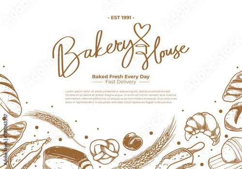 Bakery house background with hand drawn engraving colorful bakery
