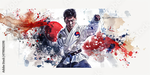 South Korean Flag with a K-pop Star and a Taekwondo Master - Visualize the South Korean flag with a K-pop star representing South Korea's pop culture and a Taekwondo master