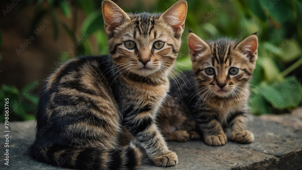 Two kittens and their mother on a blanket. Two kittens and their mother on a blanket.