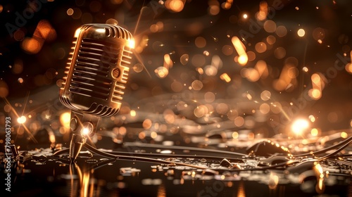 Close-up of a classic gold microphone, highlighted by shimmering musical notes and bokeh lights, creating a nostalgic and warm atmosphere