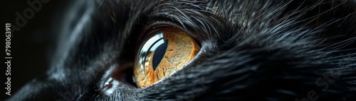 A close up of a black dog's eye with a yellow iris