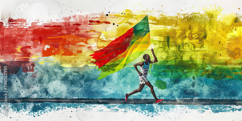 Ethiopian Flag with a Coffee Ceremony Host and a Marathon Runner - Picture the Ethiopian flag with a coffee ceremony host representing Ethiopia's coffee culture and a marathon runner photo