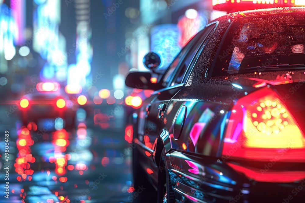 A close up of a police car on a city street. Suitable for law enforcement or urban concepts