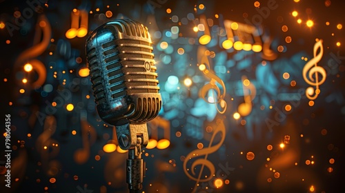 Classic gold microphone front and center with a backdrop of luminous musical notes and diffused warm bokeh lights, creating an enchanting musical scene