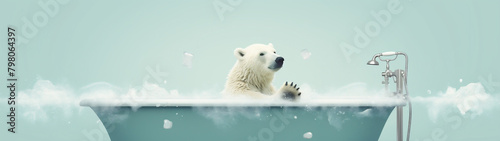 Polar bear taking a bath in a bathtub with a retro style. Environmental concept. Generative AI.