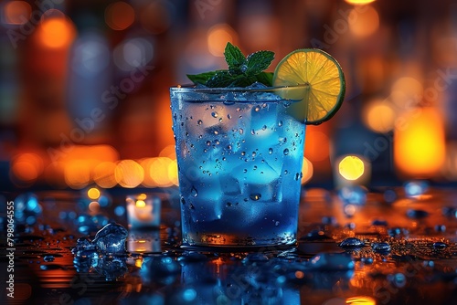 A blue cocktail with lime in it  on the black table  a blurred background of an old bar at night  high resolution photography
