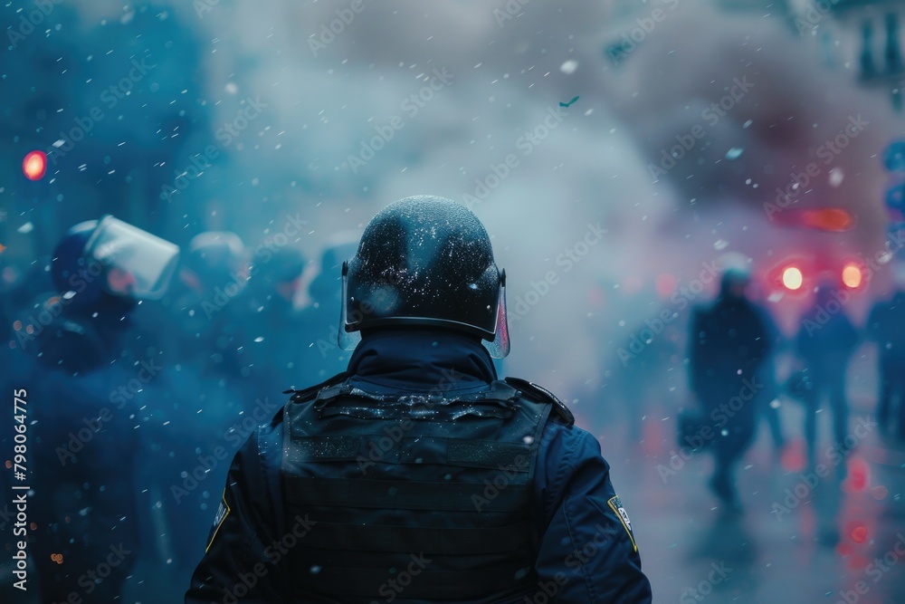 A police officer in uniform standing in snowy weather. Suitable for law enforcement or winter-themed designs A police officer in uniform standing in snowy weather. Suitable for law enforcement or winter-themed designs