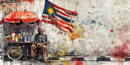 Malaysian Flag with a Teh Tarik Vendor and a Batu Caves Devotee - Visualize the Malaysian flag with a Teh Tarik vendor representing Malaysia's tea culture and a Batu Caves devotee