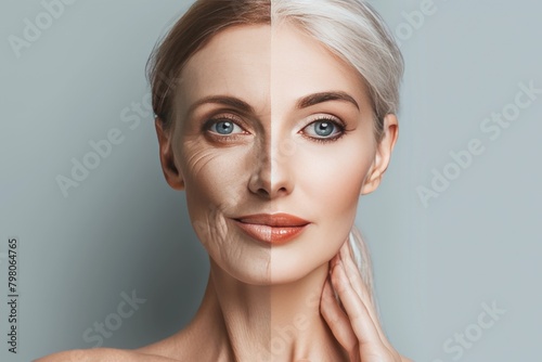 Preservation of skin health through portrait lines in skincare, addressing age contrasts and aging halves with anti-aging cream strategies.