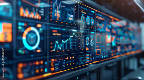 Business process control panel and data analyzing monitor with chart and diagrams on device screen. Innovation and automation concept