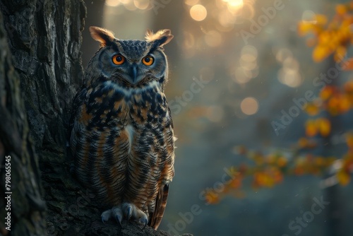 Ptilopsis leucotis, in a tree staring with large owl perched on an ancient oak tree at dusk, its eyes glowing, embodying wisdom and mystery of the forest A white faced scops owl
