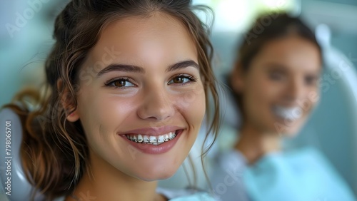 Woman smiles at mirror after dental cleaning braces consultation with orthodontist. Concept Dental Consultation, Orthodontist Visit, Dental Cleaning, Braces Consultation, Oral Health